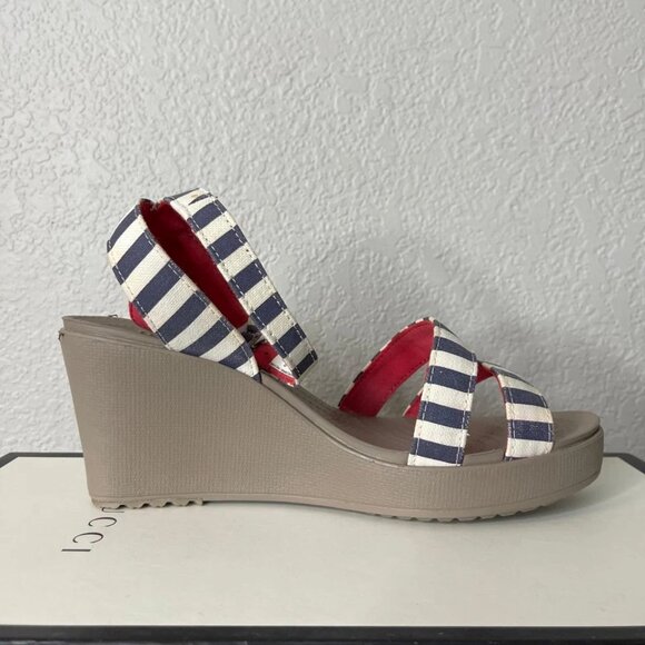 Crocs Leigh 15313 Wedge Sandals Ankle Strappy White Striped Women's Size 9 US - Picture 2 of 11